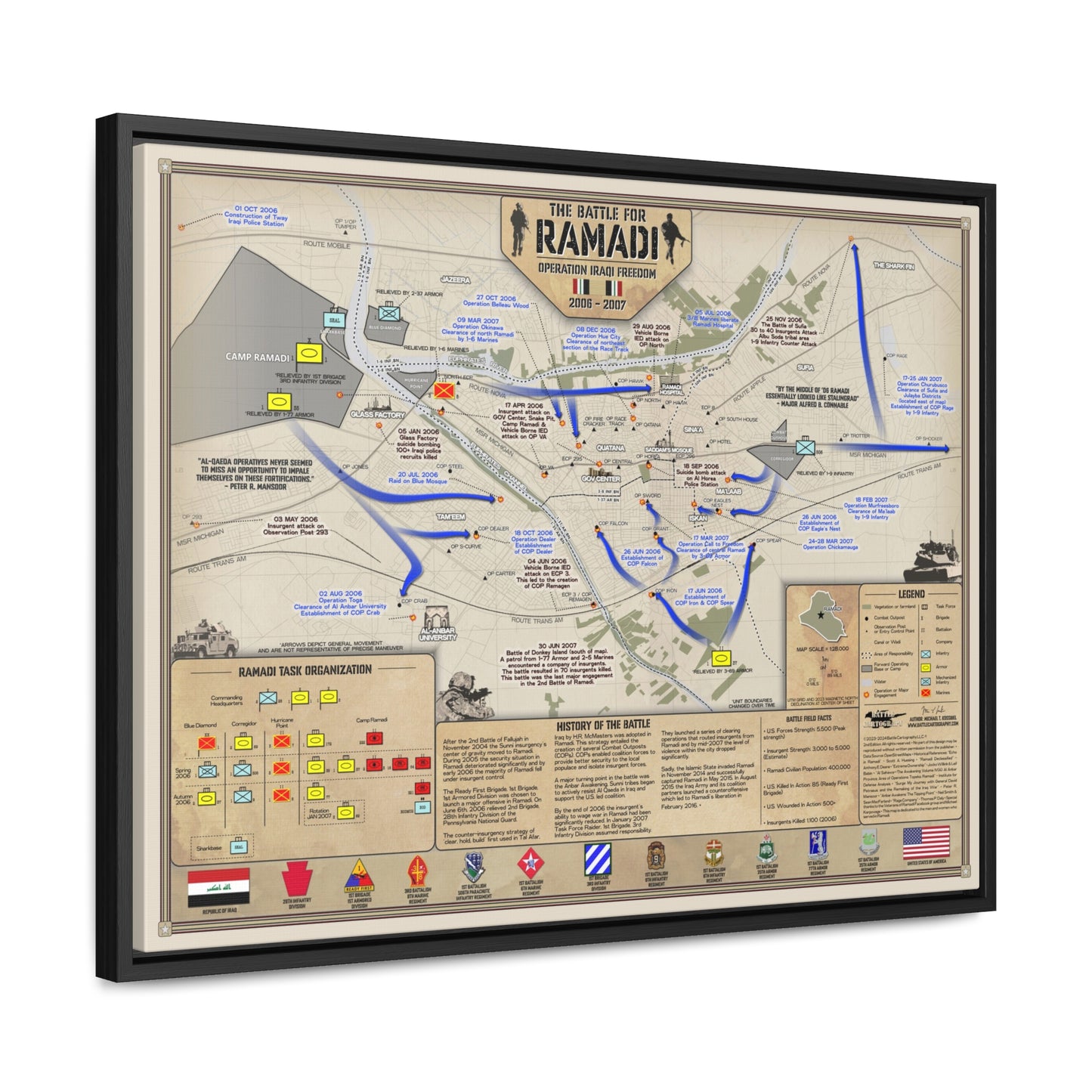 The Battle of Ramadi (2006-2007) - Framed Canvas Map