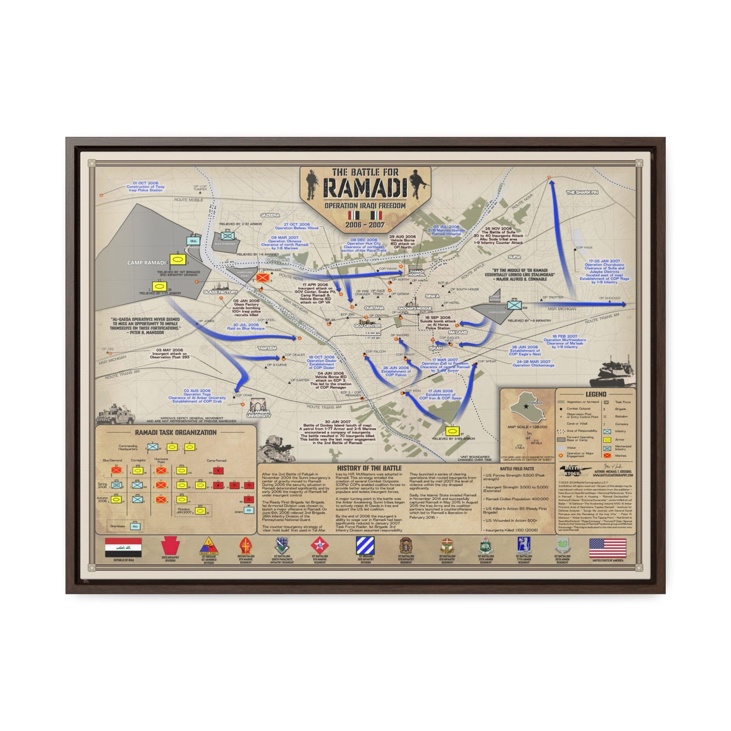 The Battle of Ramadi (2006-2007) - Framed Canvas Map