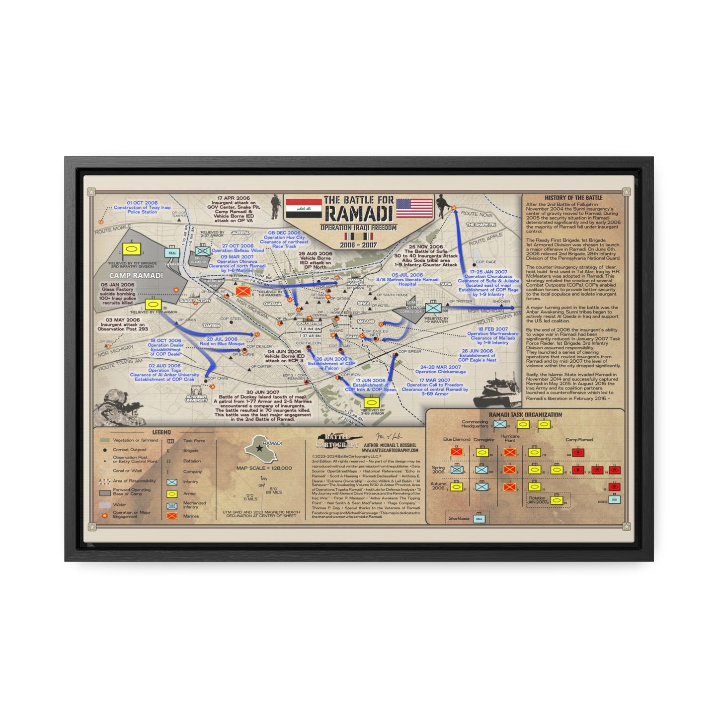 The Battle of Ramadi (2006-2007) - Framed Canvas Map